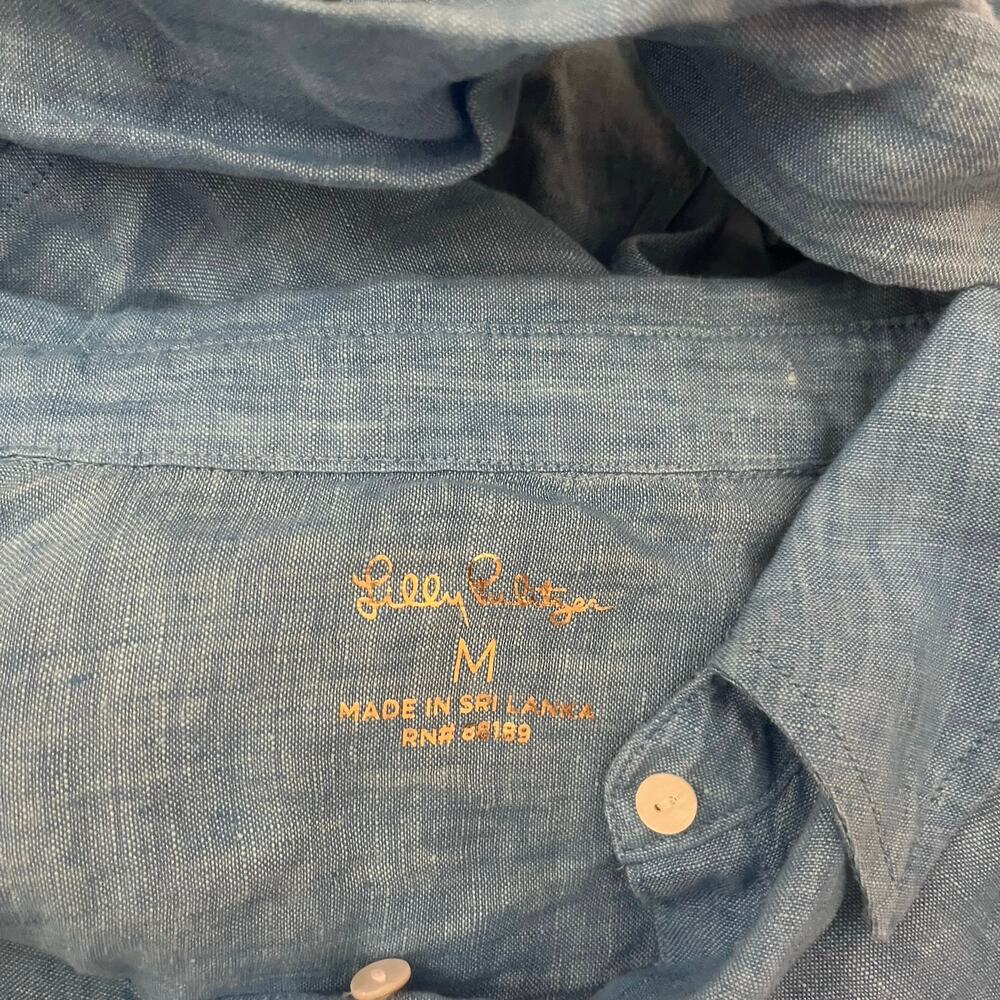 Lilly Pulitzer 100% Linen Blue Button Down Shirt Long Sleeve Medium Collared - Picture 7 of 8